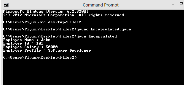 This image describes the output of program supporting the concept of encapsulation in java. 
